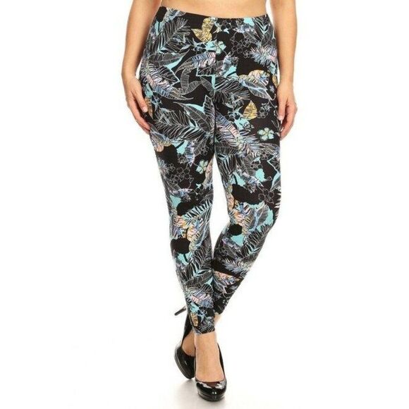 Extra Plus Size 3X-4X Womens Buttery Soft Pink Floral Tropics Plus Size Leggings - Picture 3 of 6